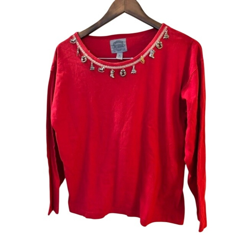 Vintage Cambridge Dry Goods Red Christmas Charm Long Sleeve Knit Top Women's M